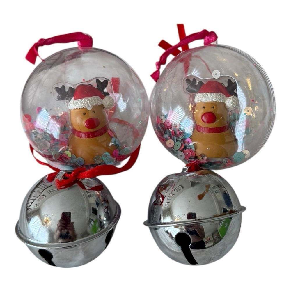 4- Christmas Ornaments 2- 3" Clear Plastic Reindeer & 2-2.5" Silver Bells